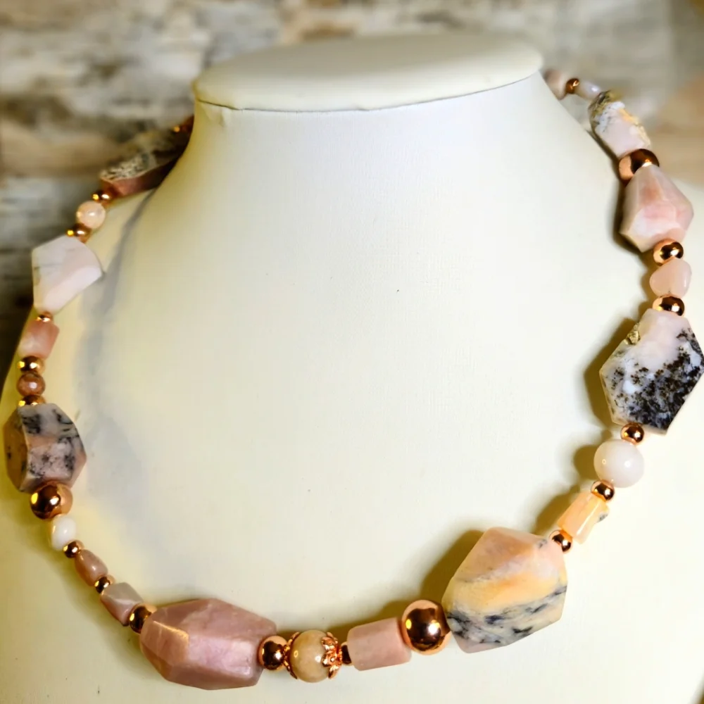 Genuine Pink Opal Large Chunky Stones In Rose Gold Necklace Or Choker